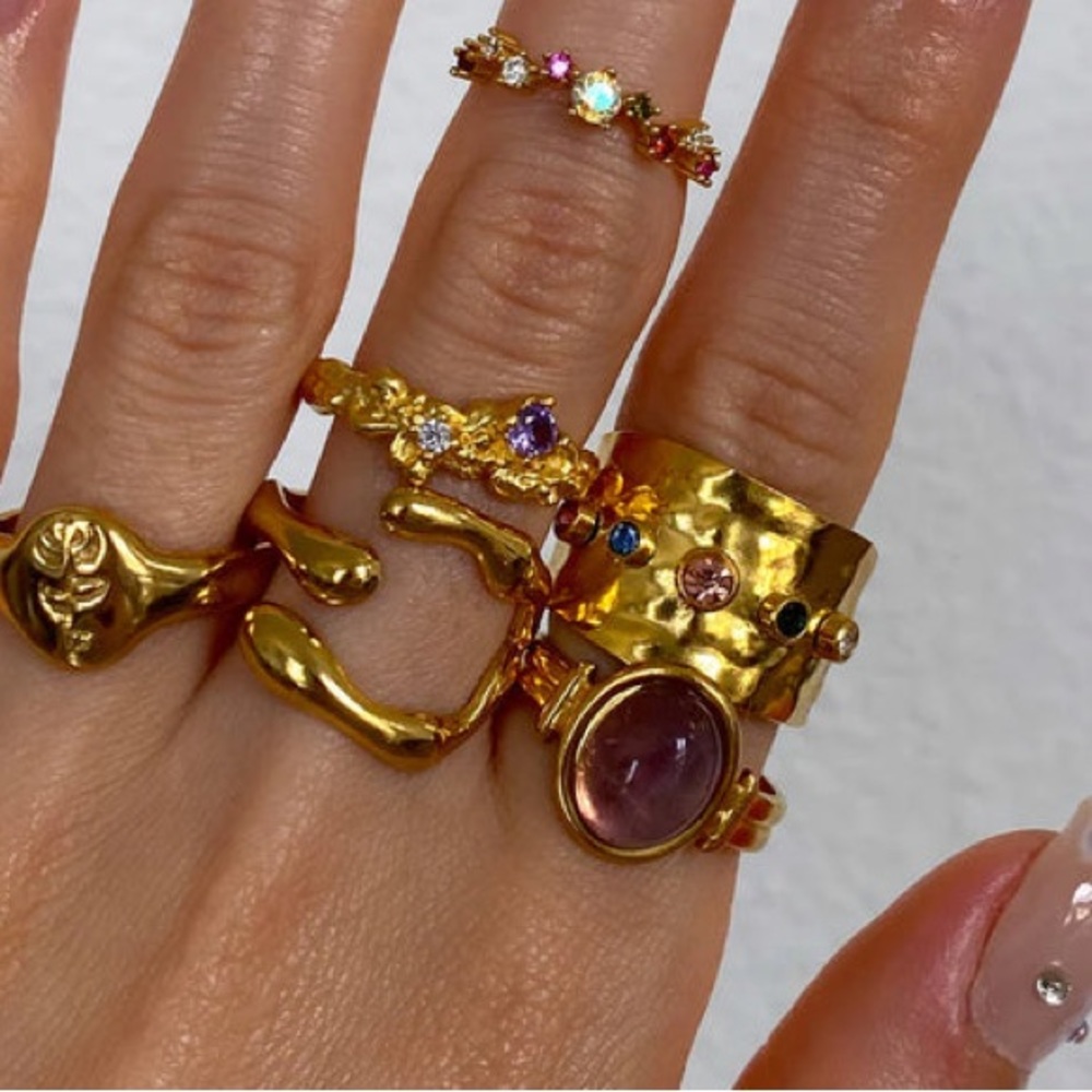 New 18KG FP Cubic Zirconia Rainbow Textured Gold Plated Open Cuff Cocktail Ring - Picture 9 of 15